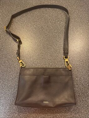 Fossil Black Leather Crossbody with Gold Hardware